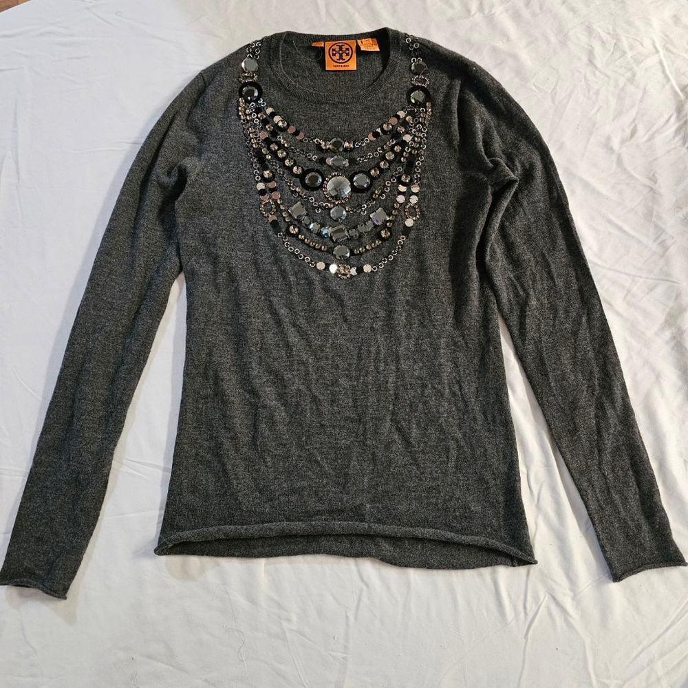Tory Burch Gray Cashmere Embellished Crew Neck Sweater Small